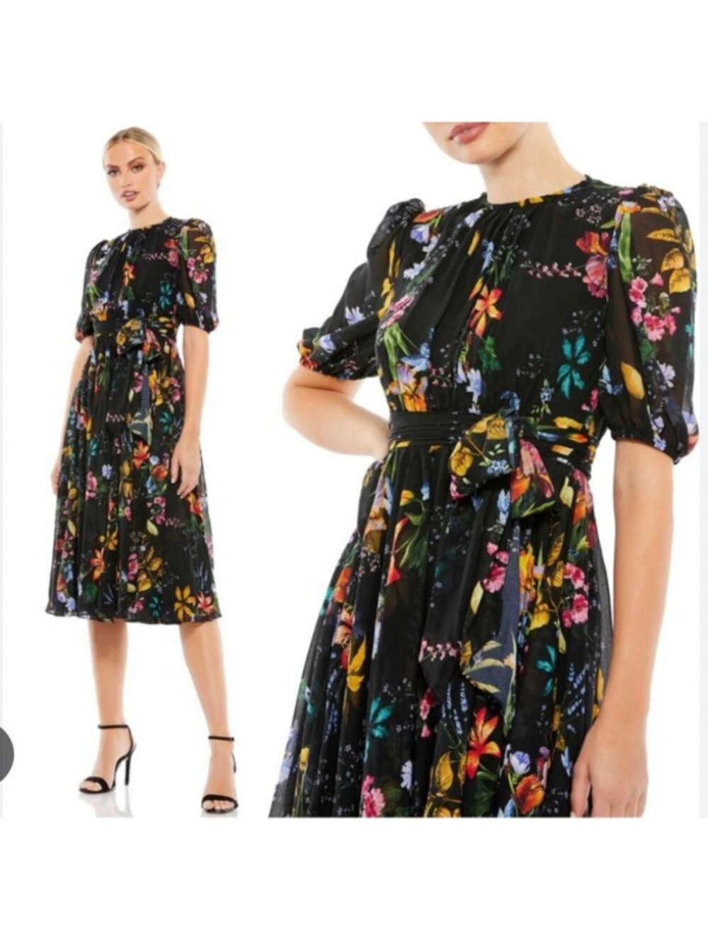 Ieena For Mac Duggal Dress Womens 2 Black Floral Chiffon Midi Fit Flare Belted
